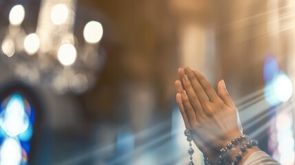  Close-up of a person in prayer with hands clasped and a rosary, set against a defocused background with warm light, conveying a sense of faith and spirituality. - obrazy, fototapety, plakaty