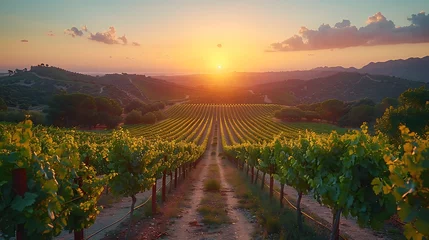 Fotobehang A sprawling vineyard at sunset, with rows of grapevines stretching toward the horizon © forall