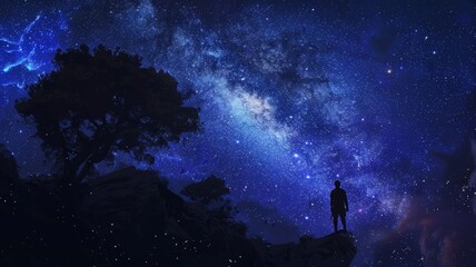 Person gazing at stars from a mountain - A silhouette of a person standing on a mountain edge, gazing up at a mesmerizing starry night sky with the Milky Way visible