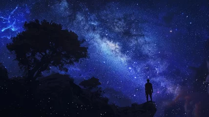 Fotobehang Person gazing at stars from a mountain - A silhouette of a person standing on a mountain edge, gazing up at a mesmerizing starry night sky with the Milky Way visible © Tida