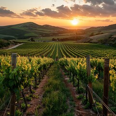 A sprawling vineyard at sunset, with rows of grapevines stretching toward the horizon