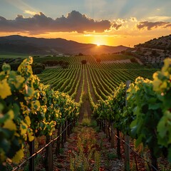 A sprawling vineyard at sunset, with rows of grapevines stretching toward the horizon - obrazy, fototapety, plakaty