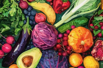 Colorful illustrated fruit and vegetable assortment - A vibrant digital illustration featuring an array of fresh fruits and vegetables, showcasing healthy and organic food options - obrazy, fototapety, plakaty