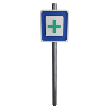 First aid post sign on the road clipart flat design icon isolated on transparent background, 3D render road sign and traffic sign concept