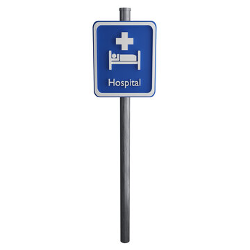 Hospital sign on the road clipart flat design icon isolated on transparent background, 3D render road sign and traffic sign concept