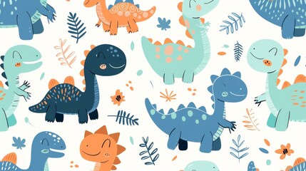 Adorable cartoon dinosaur doodles in a seamless pattern, creating a playful and cute background for...