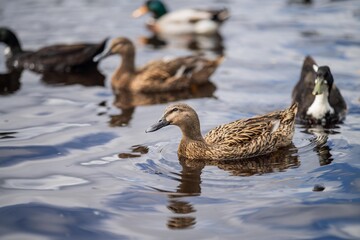 ducks on the water on a pond. grazing on grass in a park in canada, in summertime