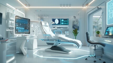 An ultramodern telehealth station where patients receive consultations through intelligent medical systems. The facility is equipped with diagnostic tools and virtual assistants, AI Generative - obrazy, fototapety, plakaty