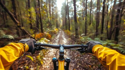 Cyclist navigating a trail, protective gear, surrounded by nature, sunny and bright, action-packed, healthy outdoor pursuit, AI Generative