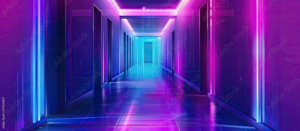 Poster a long hallway with neon lights on the walls and ceiling . high quality