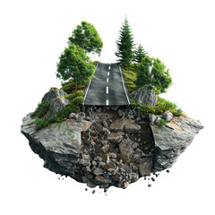 3d illustration of road go to travel concept with green trees, isolated on white background, png