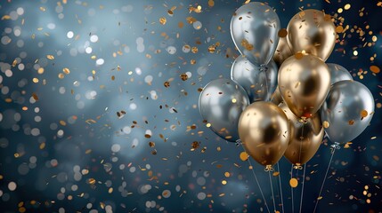 Sliver and gold balloons with confetti on dark blue background - obrazy, fototapety, plakaty