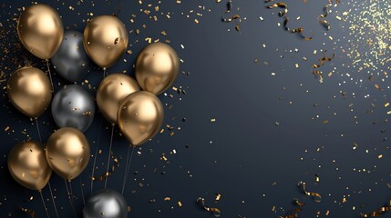 Sliver and gold balloons with confetti on dark blue background - obrazy, fototapety, plakaty