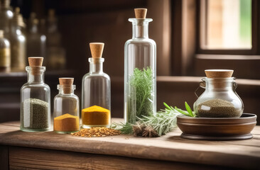 Herbal medicinal infusions in jars and medicinal herbs on a wooden table. Concept of alternative medicine, naturopathy.