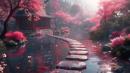 A traditional Japanese garden with a stone path leading to a tea house, cherry blossoms in full bloom