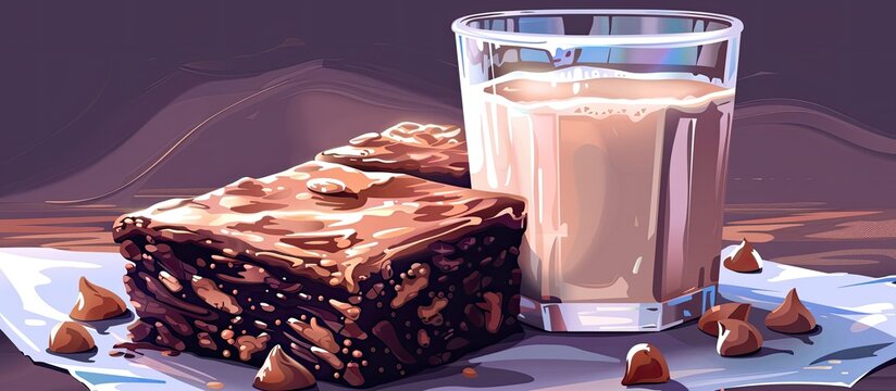 A delightful painting depicting two brownies and a glass of milk beautifully arranged on a table showcasing a delicious treat and a refreshing drink