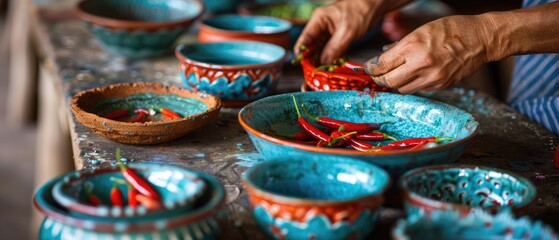A pottery class creating chilli-shaped dishes and containers for spicy condiments - obrazy, fototapety, plakaty