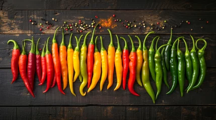 Fotobehang A row of colorful peppers sitting on top of a rustic wooden table. © YuDwi Studio