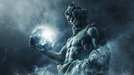 Statue holding a glowing orb in a mystical setting - Artistic statue of an ancient god holding a glowing orb with mist around, depicting power and wisdom - obrazy, fototapety, plakaty