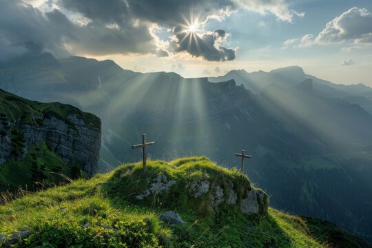 Sunrise over mountain peaks with crosses - Breathtaking sunrise over rugged mountains with silhouetted crosses symbolizing hope and resurrection