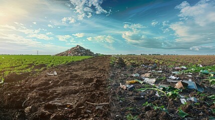 A trashed landfill is shown before and after it has been remediated and turned into a productive field of renewable crops. This illustration underscores the potential for positive . - obrazy, fototapety, plakaty