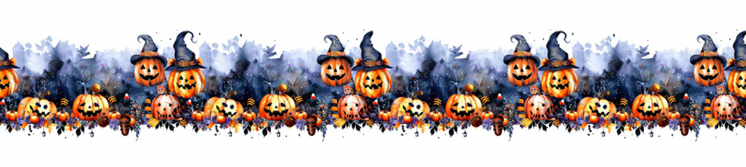 Halloween seamless border. Watercolor illustration. Drawn scary Halloween decoration. Pumpkins decoration. Seamless festive border. White background