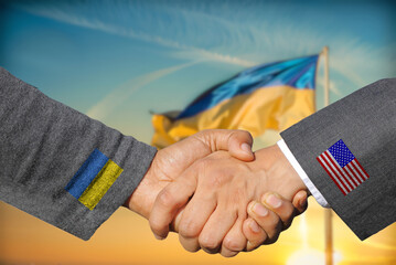 Flagge von Ukraine und Zusammenarbeit zwischen Ukraine und USA