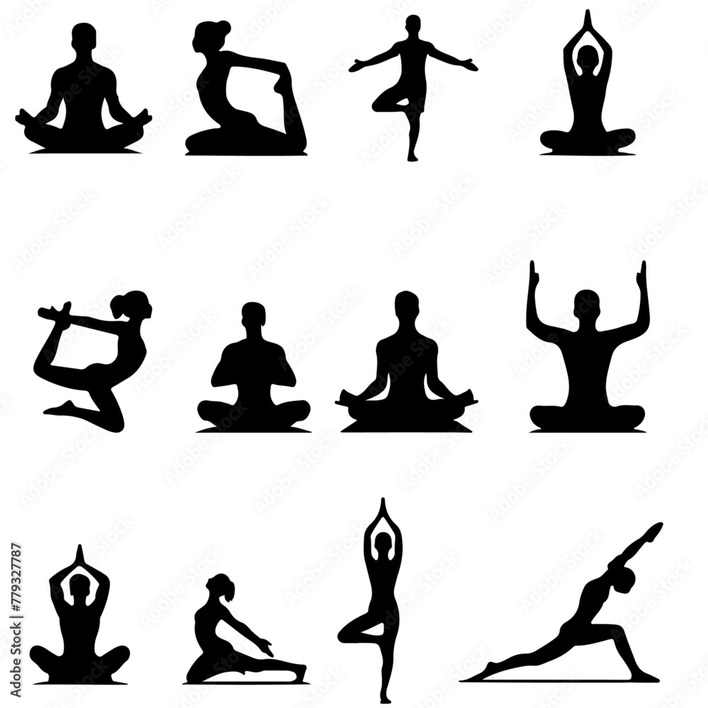 Wall mural yoga silhouettes set, set of yoga poses , set of yoga icons , yoga silhouettes , female fitness