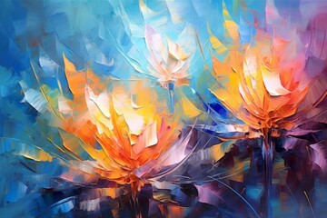 A captivating abstract acrylic painting featuring a harmonious blend of blue and orange tones, creating a sense of ethereal beauty and sophistication