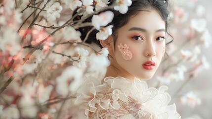 Graceful Chinese model stunning in a dress adorned with delicate petals and blossoms, her hair intricately styled with floral accents, evoking a sense of floral romance.
