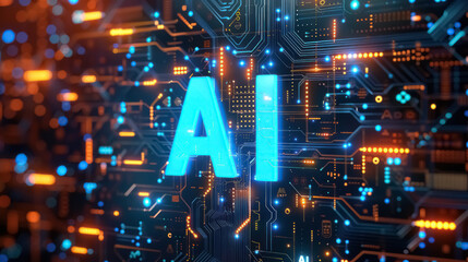 bold capitalized ‘ai’ with futuristic circuit board background and neon blue effect - obrazy, fototapety, plakaty