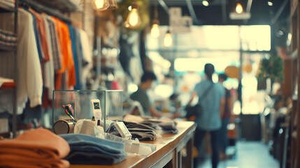 an illustration inside a clothing store with blurred people shopping with blurred bokeh background.