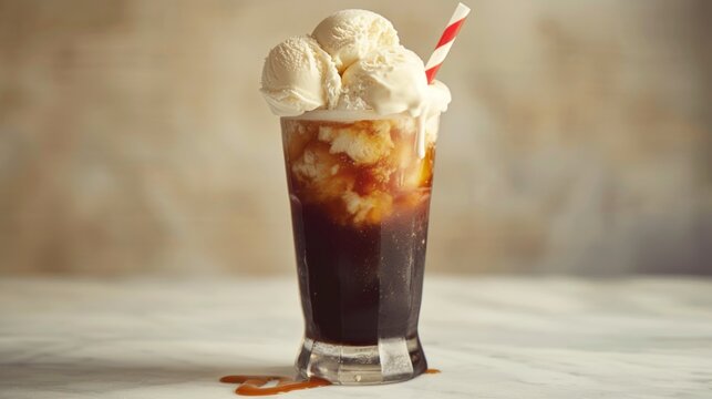 A vintage-style photograph of a root beer float