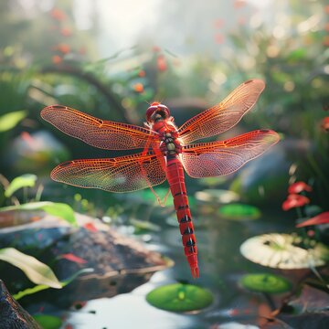 Bright red dragonfly in Eden, delicate balance, natural wonder, closeup, lush garden background ,