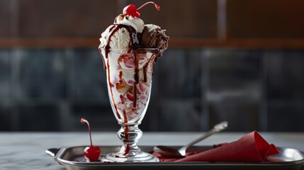 A vintage-style photograph of a classic American ice cream sundae. Scoops of vanilla and chocolate ice cream are layered in a tall glass goblet, topped with whipped cream, a maraschino cherry - obrazy, fototapety, plakaty