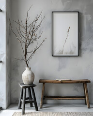 A plant vase on a stool near a wooden bench in grey interior design setting - obrazy, fototapety, plakaty