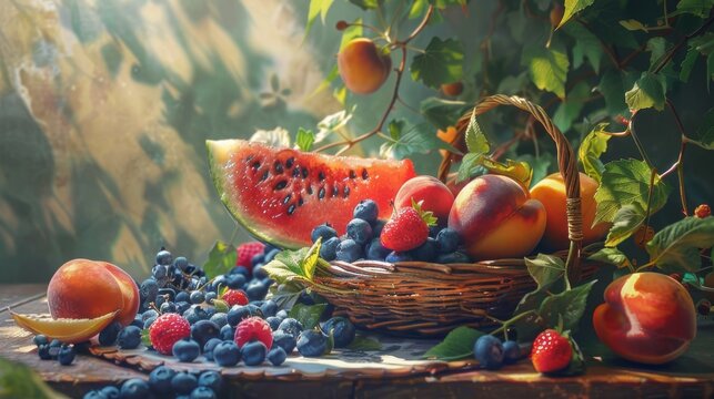 A vibrant still life showcasing a basket overflowing with fresh summer fruit. Plump blueberries, juicy peaches, and glistening watermelon slices are arranged artfully