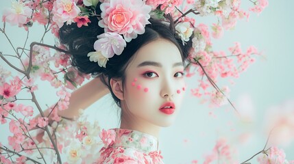 Stunning Chinese model gracing the scene in a breathtaking floral dress, her hair adorned with delicate blooms, radiating beauty and grace.