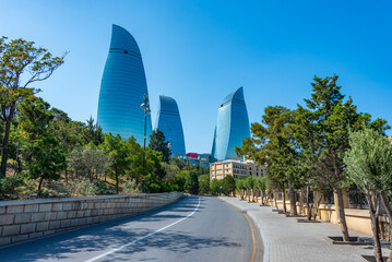Flame towers domainating the skyline of Baku, Azerbaijan