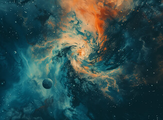 An abstract film texture background with a cosmic theme, incorporating swirling galaxies and celestial bodies.



