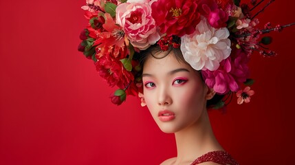 Fashion model chinese girl with a hairstyle made of flowers.