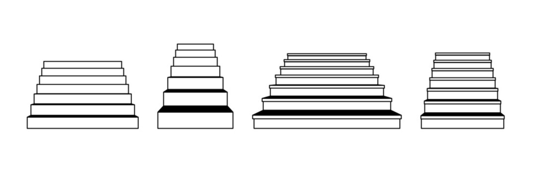Outline linear stairway set. Different 3d staircases. Black and white stair steps collection. Graphic design element pack concept for success, growth, promotion, progress. Vector bundle