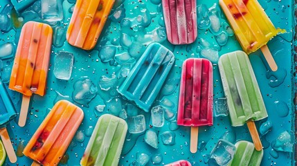 A vibrant overhead shot of a colorful summer popsicle party - obrazy, fototapety, plakaty