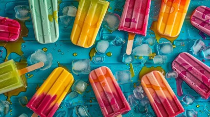 A vibrant overhead shot of a colorful summer popsicle party