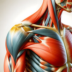 Illustration of lateral anatomy of human shoulder and chest muscles on white background.