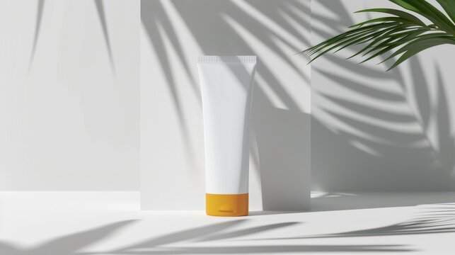 Sleek, minimalist sunscreen packaging standing starkly against a pure, white backdrop no dust
