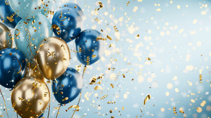 Happy birthday concept with blue and gold balloons, confetti on light background