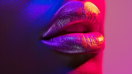 Neon lights illuminate a bold lipstick, casting vibrant shadows for an energetic vibe low texture