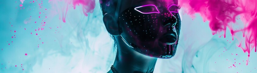 Modern face mask with neon accents, positioned against a backdrop of digital art low texture - obrazy, fototapety, plakaty