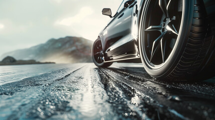 low angle view of modern car's tire on road